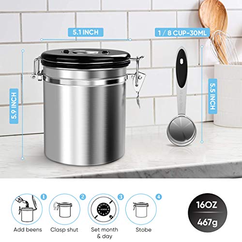 Hokekm Airtight Coffee Canister, Stainless Steel Container For The Kitchen, Coffee Ground Vault Jar With One Way Co2 Valve And Scoop, Tea Coffee Sugar，Extra Coffee Spoon (Silver, 16Oz) #TOP2