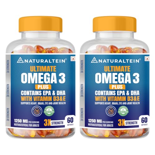 Image of NATURALTEIN Ultimate Omega-3 Plus Fish Oil 1250mg Triple Strength Softgel Capsules with Vitamins D3 & E | 450mg EPA & 300mg DHA in Triglyceride Form for Better Absorption | Heart, Brain, Eye & Joint Support | Glyphosate-Free | 60 Softgel Capsules per Bottle | Pack of 2 | 120 Softgels Total | 120-Day Supply