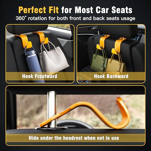 Image of Amooca Car Seat Headrest Hook 4 Pack Hanger Universal Vehicle Car Storage Organizer for Handbag Purse Coat S Type Yellow