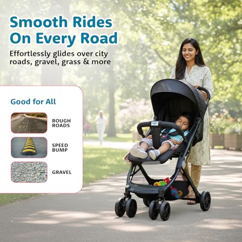Image of Amazon Brand - Supples Baby Stroller for Newborns & Toddlers 0-3 Years | Auto Fold Travel Cabin Trolley Pram | Adjustable Backrest, 5-Point Safety Harness, 360 Wheels | Black