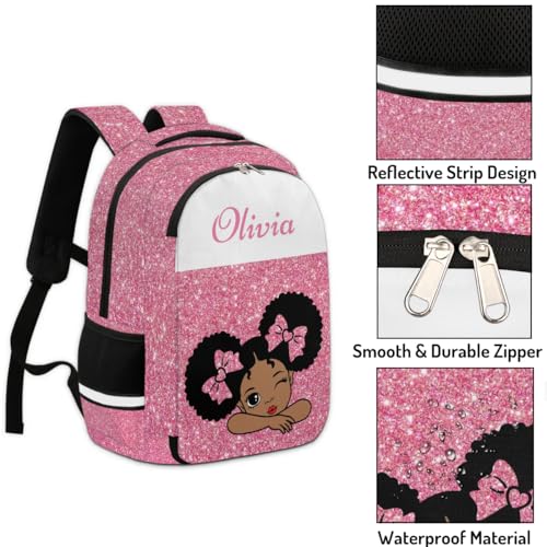 African Girl Personalized Kids Backpack for Boys Girls, Pink Glitter Print Custom Backpack Travel School Bag Bookbag Lightweight Daypack4
