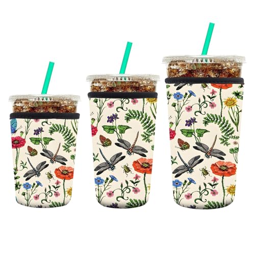 Image of 3 Pack Reusable Neoprene Insulator Sleeve for Iced Coffee Cups, Funny Coffee Cup Sleeves for 16-32oz Coffee cups, Cute Drink Sleeve for Cold Hot Beverages Cute Colorful Floral