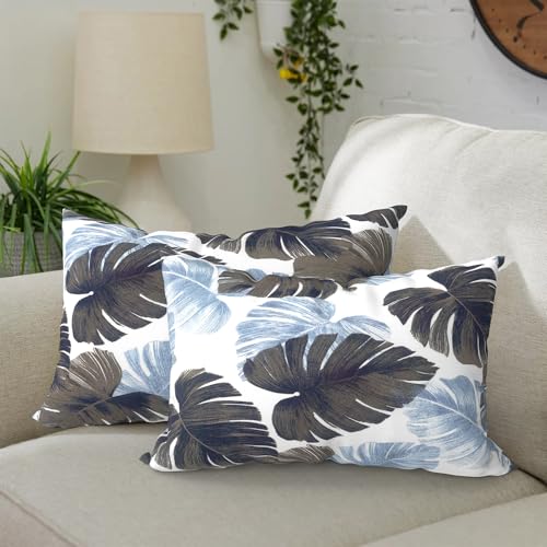 DYTXIII Pack of 2 Outdoor Waterproof Lumbar Pillow Covers ONLY, 12x20 Rectangle Decorative Double Printed Pillow Cases for Patio Couch Porch Furniture - Monstera Blue