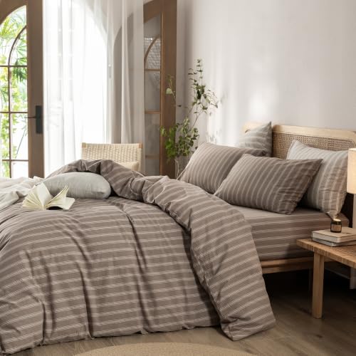 Image of BESTOUCH Striped Cotton Duvet Cover Set Linen Feel Twin | 100% Washed Cotton, Soft Wrinkle Texture, Hidden Zipper, 8 Ties, Breathable Lightweight Durable Comfy, 2 Pcs No Insert