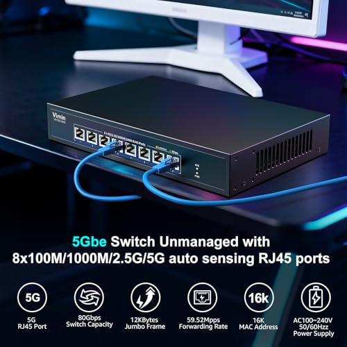 Image of 8 Port 5G Ethernet Switch, 5Gbe-RJ45 Port Network Switch Unmanaged Support 100M /1000M /2.5G /5G, 5G Base-T Ports Switch Auto-Negotiation, Plug & Play, 80Gbps Switching Capacity, Desktop /Rack Mount