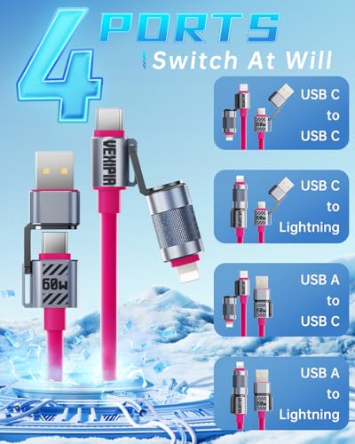 Image of 4 in 1 USB C Cable 60W 5FT Fast Charging & Data Transfer, Thicker Silicone Multi Charger Cord for iPhone iPad Charger Wire Combo with L /Type C /USB A for iPhone 16 /15 /Macbook (Pink)