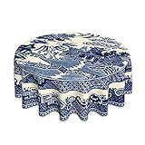 Oriental Style Chinese Blue Willow Soft Microfiber (1) Round Table Cloth,Stain Wrinkle Resistant Washable Polyester 60 Inch Tablecloth for Dining Table Indoor Outdoor Party BBQ