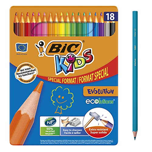 BIC Kids Evolution ECOlutions Crayons de Couleur - Coloris Assortis, Boîte Metal Format Spécial de 18