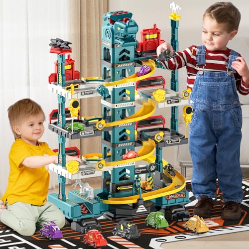 Pupu Pig Kids Dinosaur Toys for Boys - Large Race Track Car Garage Parking Adventure Toy with Light, Sound & Spray, Electric Elevator Garage Playsets w/5 Mini Dino Cars, Play Mat, Best Gift for Kid