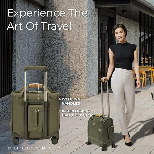 Image of Briggs & Riley Cabin Spinner - Carry On Luggage for Travel, Suitcases with Wheels, Softside Rolling Bag for Men & Women, Fits Under Plane Seat, Interlocking Handle - Baseline Collection, Olive