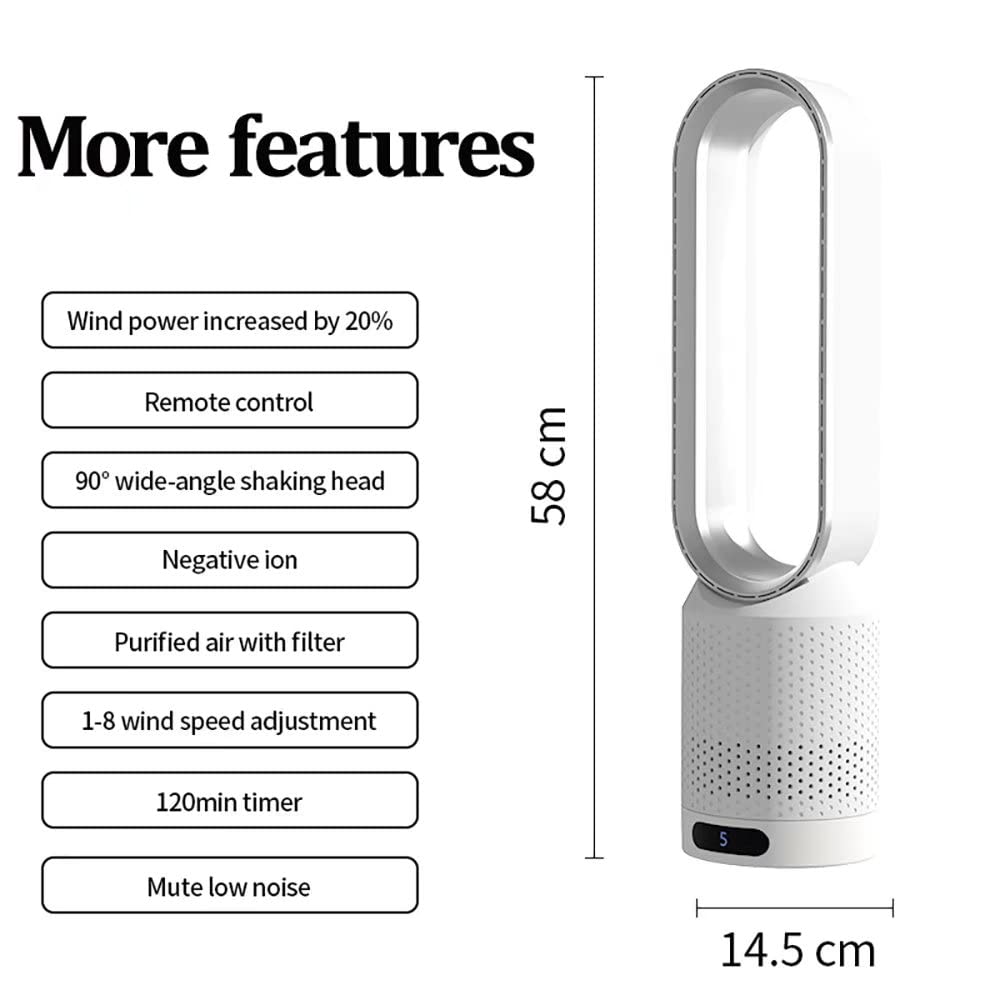 Purificador De Aire con Ventilador De Torre Sin Aspas 2 En 1 con Oscilación De 90°, Control Remoto, 8 Velocidades, Temporizador Y Pantalla Táctil Led para El Hogar Y La Oficina. White Silver
