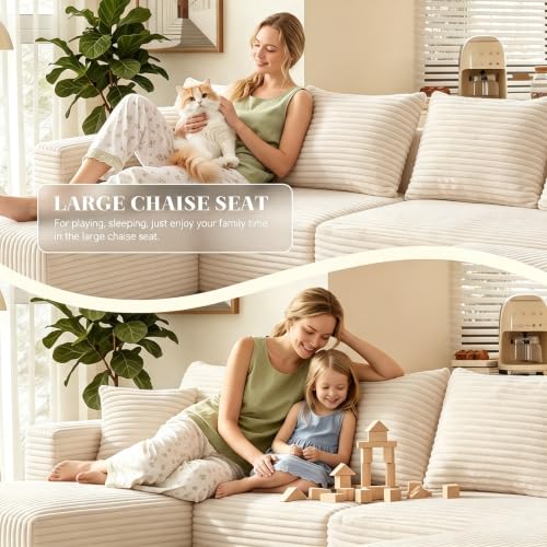 Image of 118 inch U-Shaped Modular Sectional Sofa, Corduroy Cloud Couch with Chaise & Ottoman, Oversized Deep Seat Boneless Couches for Living Room, No Need Assembly - Beige (Left Facing Chaise)