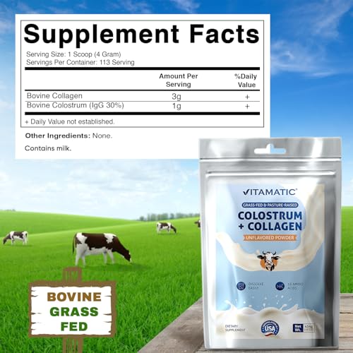 Image of Vitamatic Bovine Colostrum + Collagen Powder - Supplement for Gut Health, Hair Growth, Beauty, Muscle Recovery, & Immune Support - Easy to Mix - Unflavored - 454 Gram, (16 oz)