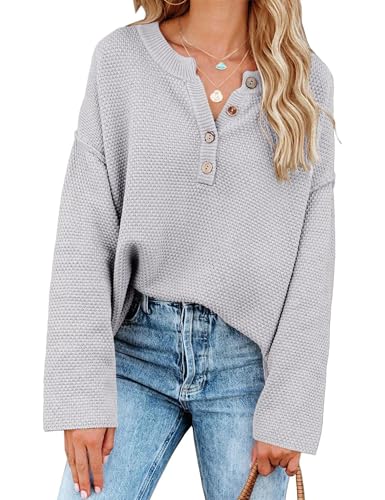 Women Oversized Sweaters V Neck Long Sleeve Tops Quarter Button Up Pullover Business Casual Clothing4