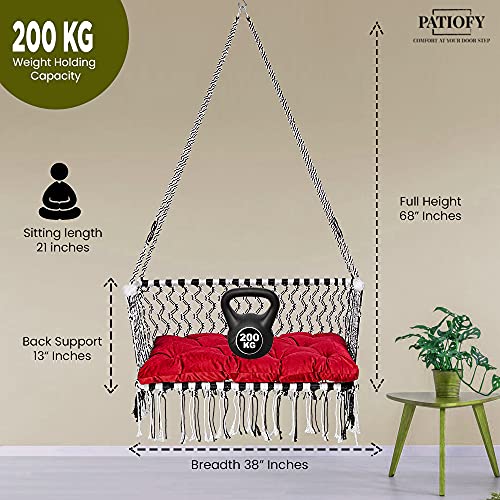 Image of Patiofy Premium Large Double Seater Swing Chair /Hanging Hammock Swing Chair for 2 People /Jhula for Adults & Kids / 2 Seater Swing for Balcony, Free Hanging Kit & Sitting Cushion Included(White-Black)