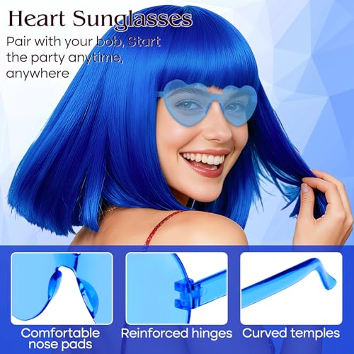 Image of PLULON Blue Bob Wig with Bangs, Short Straight Bob Wig with Heart Sunglasses 12 Inch Shoulder Length Heat Resistant Synthetic Hair for Women Natural Look Daily Use Cosplay Halloween Costume Party
