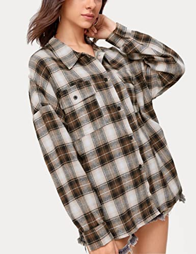 Image of HangNiFang Womens Flannel Plaid Shirts Oversized Button Shirts Blouse Tops