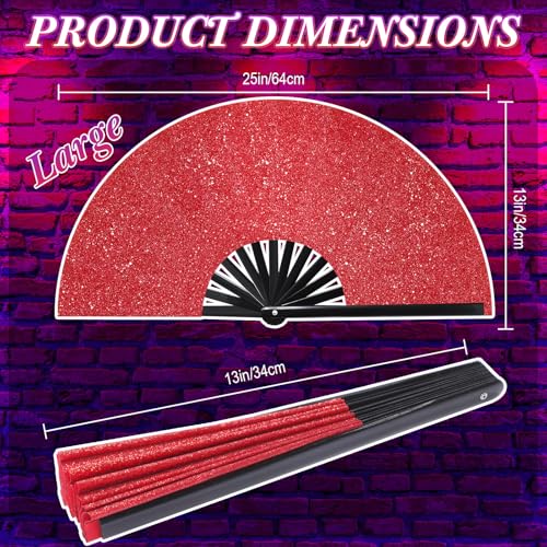 Image of Vercraft 13'' Large Rave Fan for Women Rave Accessories Festival Outfits Glitter Hand Folding Clack Fan for Line Dancing EDM Music Festival Outfits(Red)