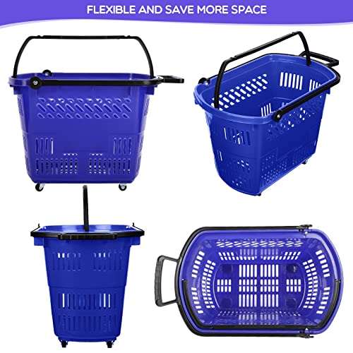 8 Pcs 35L Shopping Basket With Wheels Shopping Cart Retail Shopping Baskets Carts Grocery Baskets With Handles Plastic Shopping Carts For Retail Store Shopping (Blue) #TOP6