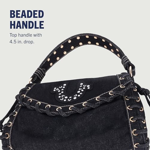 True Religion Studded Horseshoe Eyelet Denim Flap Bag, Crossbody Shoulder Handbag, Black4