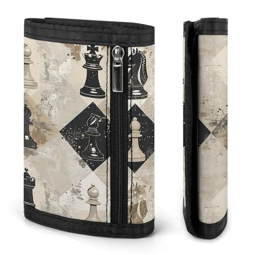 Chess Piece Brown Pattern Trifold Wallet for Men - Slim 8 Card Slots, Zipper Coin Purse Money Clip, Cash Compartment3