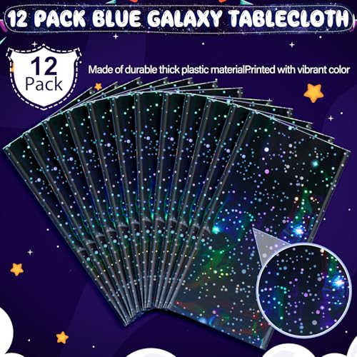Image of 12Pcs Iridescent Space Tablecloths, Disposable Plastic Blue Galaxy Table Cloth Rectangle Table Covers for Space Starry Night Star Theme Party Birthday Party Decorations, 54x108 Inch