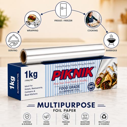 Image of Aluminium Foil | 11 Micron Food Grade Kitchen Foil Roll | Safe Paper Zigzag Cutter | Multipurpose Foil for Cooking, Baking, Wrapping & Food Storage (1kg / 18 Micron)