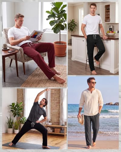 Image of 3 Pack Mens Cotton Pajamas Pants Lounge Pjs Bottoms Sleepwear Bottoms Soft Pants with Pockets Drawstring
