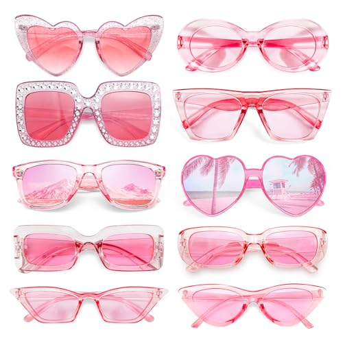 10 Pack Pink/Hotpink/Red Sunglasses for Women Set, Trendy Retro Party Sunglasses Costume Accsessory