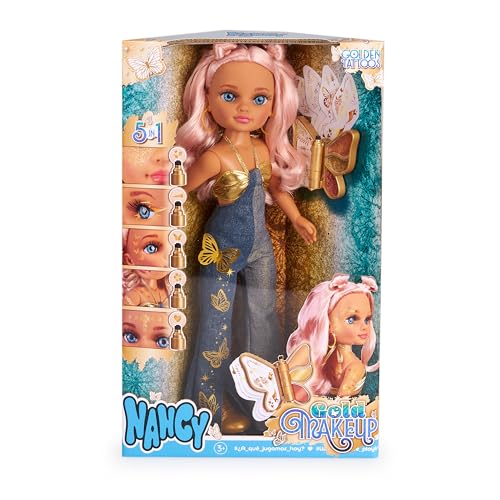 Nancy - Gold Makeup, Muñeca con Kit de Maquillaje Completo, Incluye Lápiz de 5 Cabezales, Tatuajes y Sombras Doradas, Caja con Forma de Mariposa, Famosa (NACB5000)