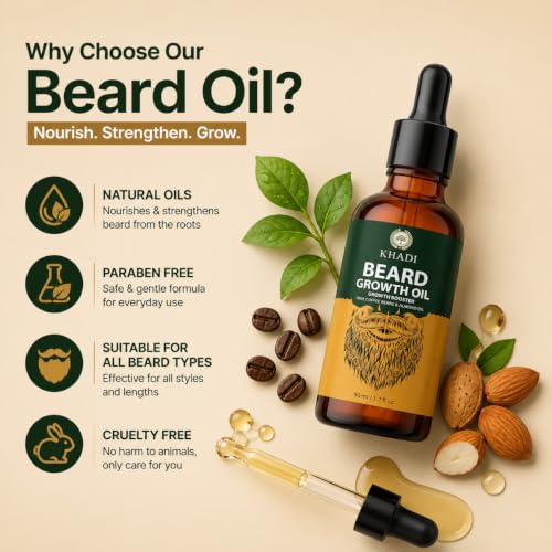 Image of Khadi Beard Growth Booster Oil with Coffee Beans, Almond & Biotin | Thicker, Stronger & Faster Growth | 50 ml