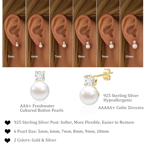 WFYOU Pearl Earrings for Women 925 Sterling Silver Earring 14K Gold Plated Pearls Stud Earrings for Women Trendy White 5 6 7 8 9 10MM Pearl CZ Diamond Hypoallergenic Earring Jewelry Gift by WFYOU - Image 4