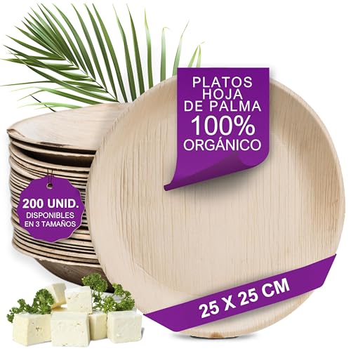 Waipur 200 Platos Desechables de Hoja de Palma Orgánicos - Redondo Ø 25 cm - Vajilla Ecológica Elegante - Estable, Reciclable, Natural y Biodegradable - como Menaje de Papel