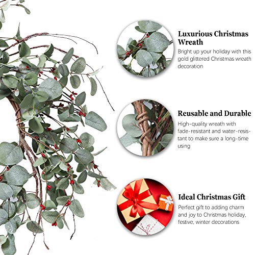 Image of YNYLCHMX Christmas Wreath for Front Door, Artificial Door Wreath Flushed with Eucalyptus Leaves with Berry, Home Decor for Indoor, Windows, Wall, Fireplace, Holiday, Party Decoration, 20 Inch