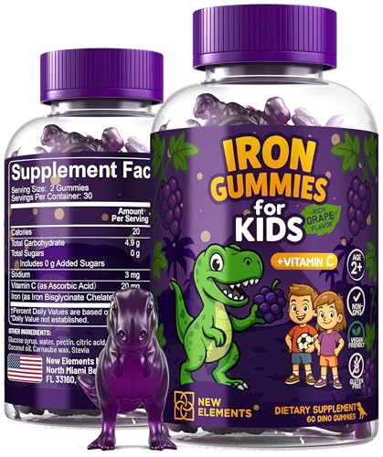 New Elements Iron Dinosaur Gummies for Kids with Vitamin C | Sugar-Free Vegan Gluten-Free & Non-GMO | Anemia Relief Energy & Blood Health Support | Grape Flavor Pectin-Based for Optimal Health