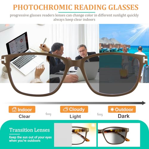 Image of Progressive Reading Glasses Men Women Photochromic Multifocal Glasses Blue Light Blocking UV400 No-Line Spring Hinge
