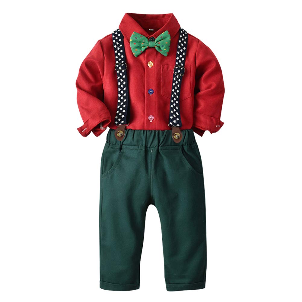Toddler Baby Boys 1st Christmas Outfit Autumn Long Sleeve Bowtie Dress Shirt Suspenders Long Pants Clothes Set Kids Formal Gentlemen Suits Xmas Holiday Wedding Tuxedo Red + Dark Green 6-12 Months