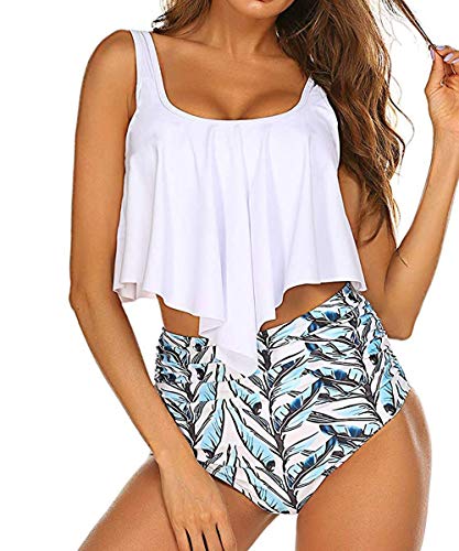 Lalala - Bikini para mujer con volantes, dos piezas, bañador con bikini de cintura alta, color blanco