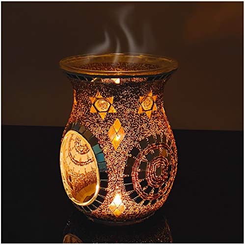 SHMILMH Essential Oil Burner, Incense Aromatherapy Oil Diffuser, Fragrance Warmer, Mosaic Glass Tealight Candle Holder Burners for Home Room Decor, Orange, 5.5" H