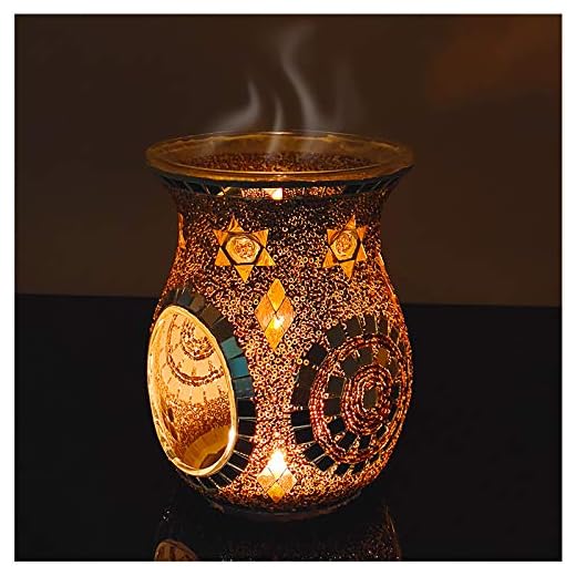SHMILMH Essential Oil Burner, Incense Aromatherapy Oil Diffuser, Fragrance Warmer, Mosaic Glass Tealight Candle Holder Burners for Home Room Decor, Orange, 5.5" H