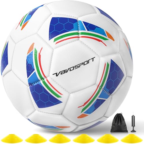 VAVOSPORT Soccer Ball Set Official Size 3 4 5 Soccer Balls with Pump & 6 Cones Waterproof TPU Leather Soccer Training Equipment for Kids Youth & Adults Gifts for Sports Play and Outdoor Games