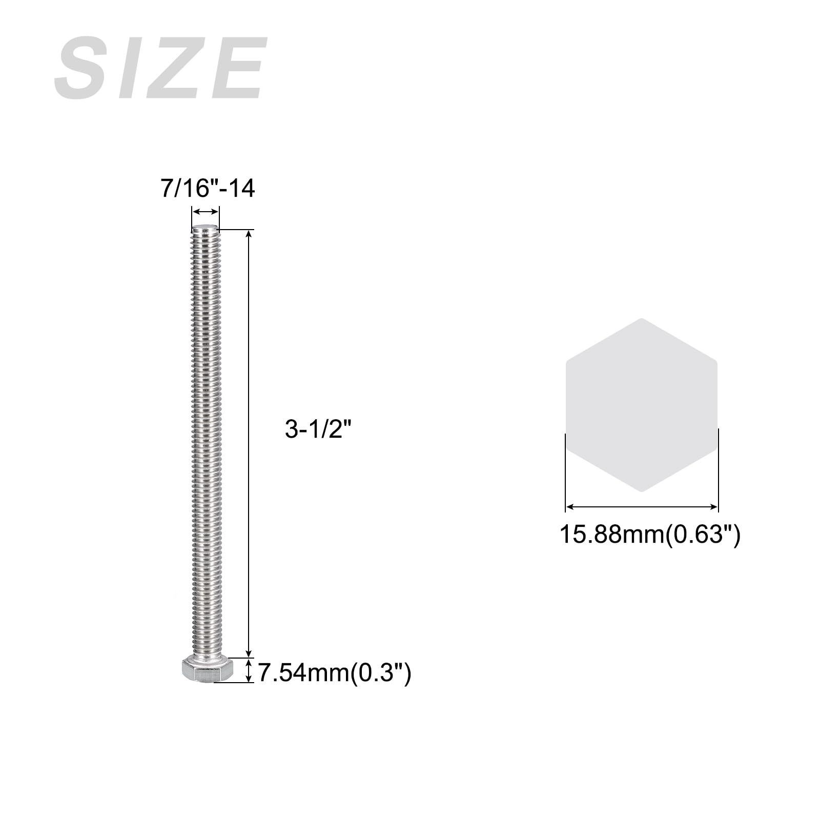 METALLIXITY Hex Head Bolts (7/16-14 x 3-1/2") 6Pcs, 304 Stainless Steel 18-8, Fully Threaded, External Hex Drive - Image 2