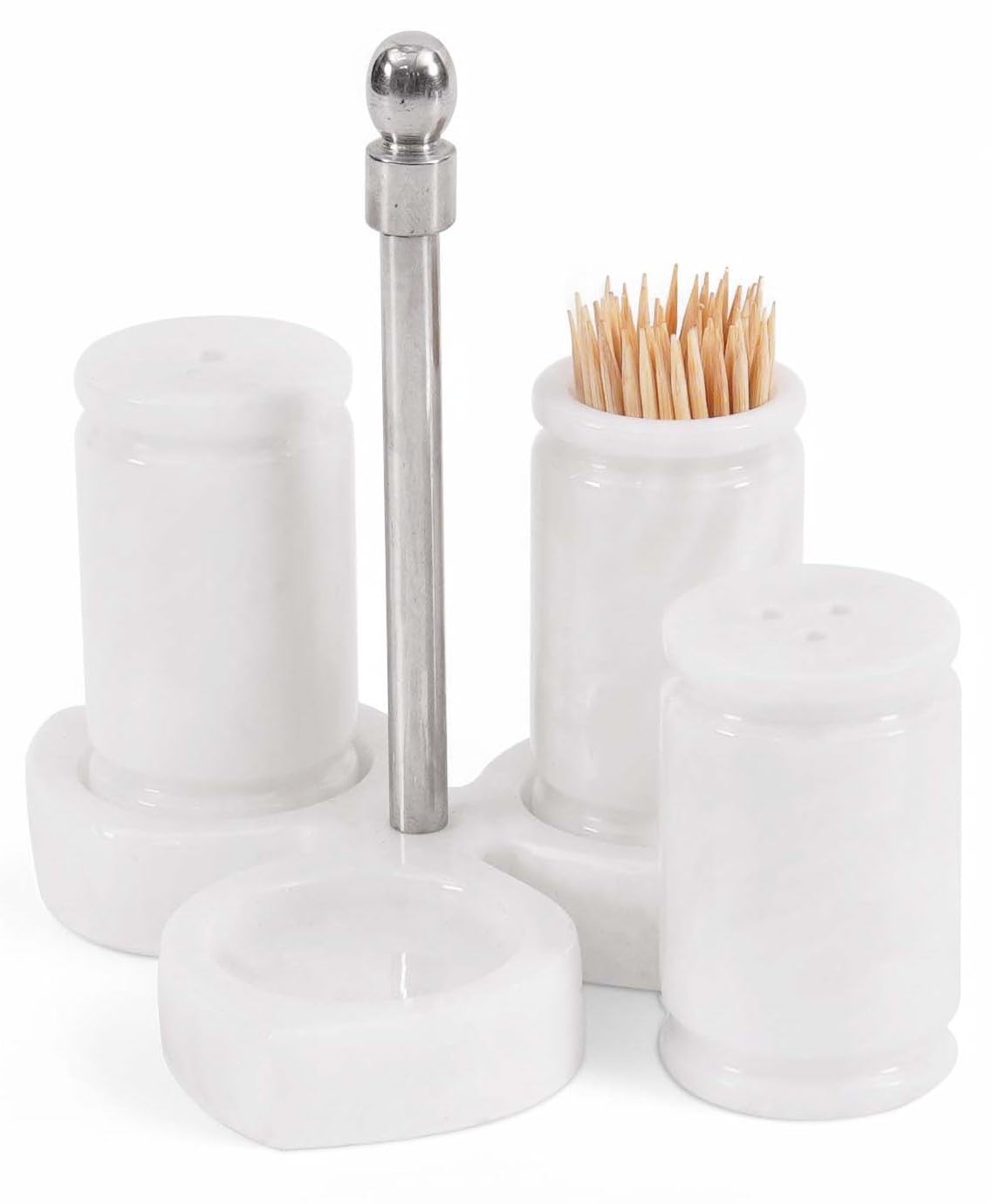 Marble Salt and Pepper Shakers Set of 3 – Handmade White Stone Spice Shakers 0.8 oz with Tray, Elegant Tabletop Seasoning Set for Kitchen Countertop &