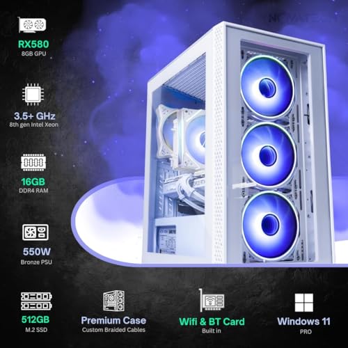 Image of NOVATECH Phantom - Prebuilt Gaming PC Desktop Computer - Core Xeon i7 3.5GHz - RX580-16GB RAM - 512GB M.2 SSD WiFi /BT, Win 11 - Gaming Computer Tower - Pre Built PC Gaming - 1 Year Warranty (White)