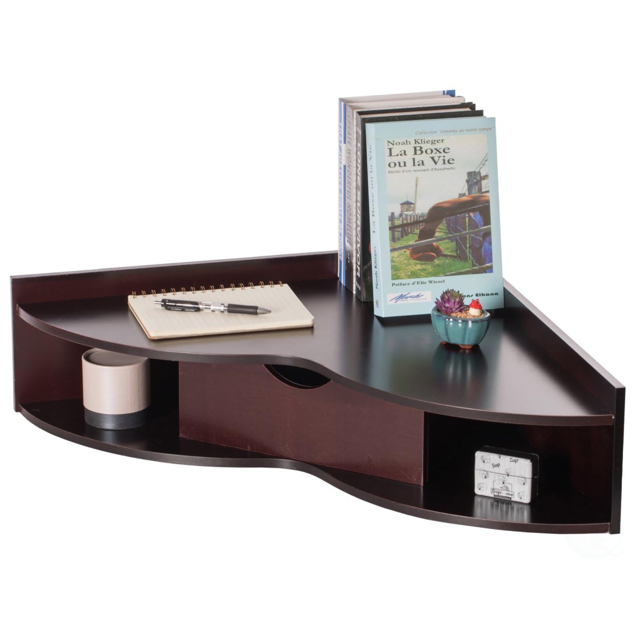 BasicwiseBlack Corner Heart Shaped Wall Mounted Office Table with Drawer and Two Shelves Computer Writing Desk, Brown