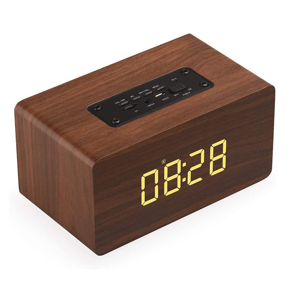 ERNZI Reloj Despertador con Radio Junto a la Cama, Reloj Despertador Digital de Madera sin tictac con Altavoz y micrófono Bluetooth,batería de 1500 mAh, reproducción de 40 Horas,Marrón