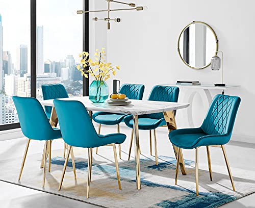 Furniturebox UK Andria Large 6 Seater White Marble Effect and Gold Leg Dining Table & 6 Blue Velvet Gold Leg Pesaro Dining Chairs