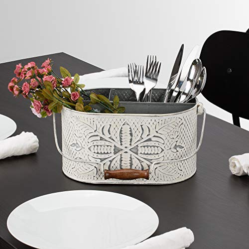Craftsman Road Distressed White Metal Caddy – Farmhouse Galvanized Kitchen Organizer With Handle – Vintage Rustic Multi-Compartment Holder For Napkins, Plates, Cutlery, Flatware thumb #2