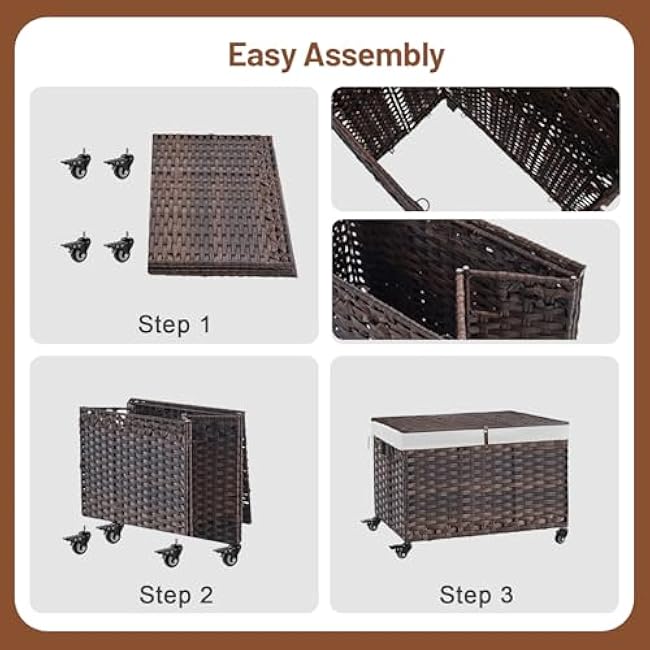 Rolling Storage Basket with Lid, 47.6 Gallon (180L) Storage Bin with Wheels, Woven Rattan Blanket Storage Basket with Handles, Foldable, Metal Frame, Removable Liner for Bedroom, Laundry Room, Brown
