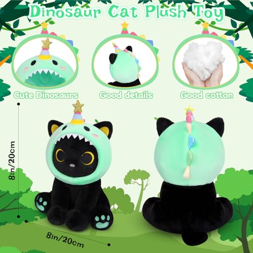 Image of Dinosaur Plush Toys, 8inches Black Cat Plush with Green Dino Plushie Hood | Cute Plushies Shiny Dinosaur Stuffed Animal Doll Toy Birthday Gifts for Kids Boys Girls